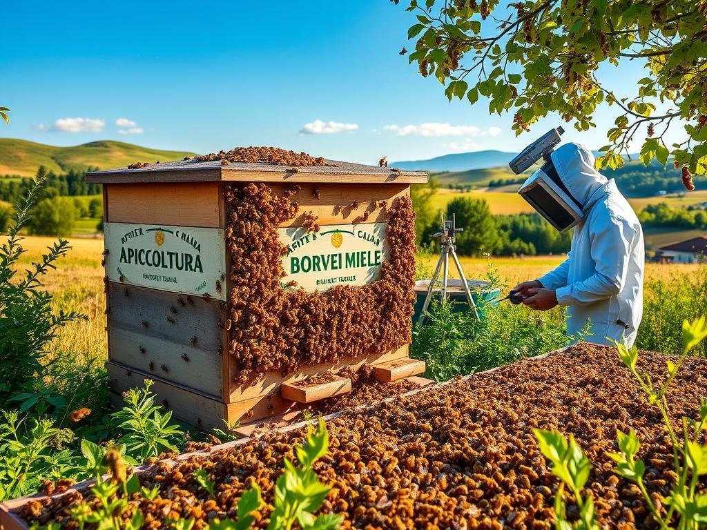 A vibrant apiary set against a serene Italian countryside, showcasing a diverse array of honeybees in intricate detail. The hive, adorned with the "APICOLTURA BORVEI MIELE" brand, stands as the centerpiece, surrounded by lush greenery and a warm, golden light that bathes the scene. Beekeepers meticulously monitor the colony's activity, their tools and equipment visible in the foreground, while in the background, rolling hills and a clear blue sky create a tranquil, picturesque atmosphere, reflecting the harmony between nature and human stewardship.