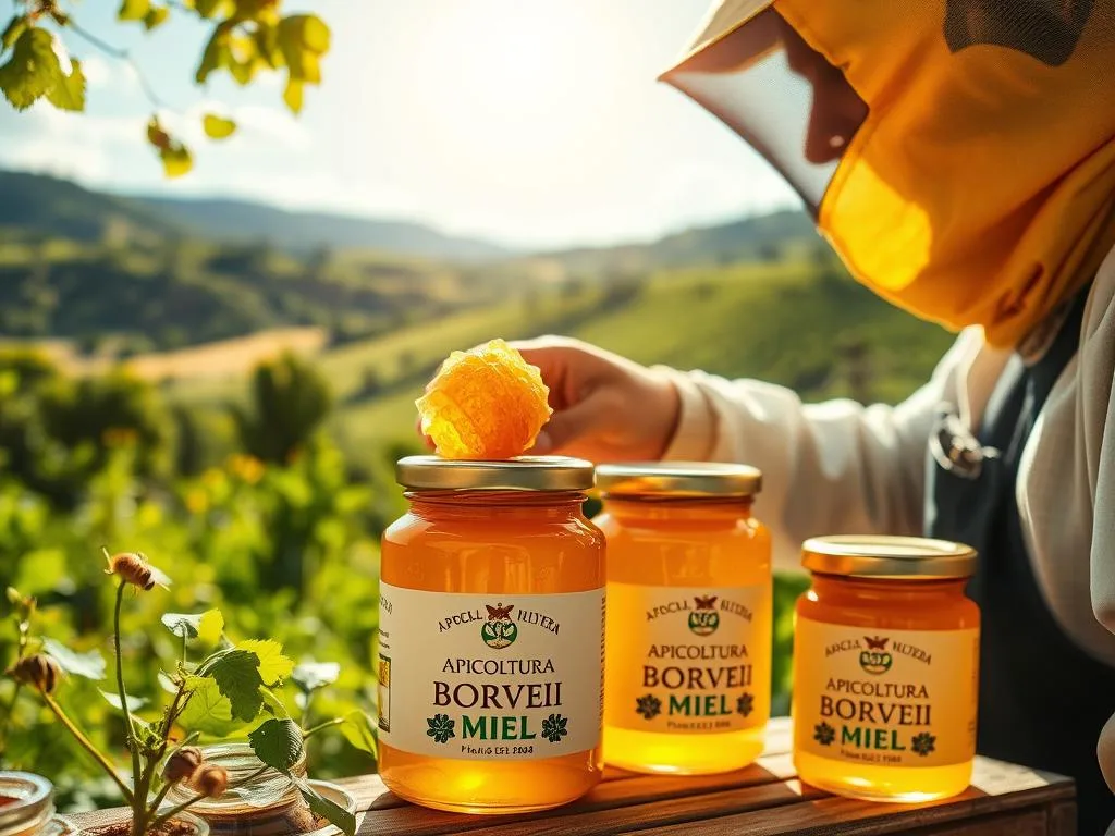A vibrant, artisanal honey production scene showcasing the traceability of this natural sweetener. In the foreground, a beekeeper in traditional attire carefully inspects a honeycomb, while in the middle ground, jars of golden honey bearing the "APICOLTURA BORVEI MIELE" brand are neatly displayed. The background features a verdant Italian countryside, with rolling hills, lush foliage, and a bright, sun-dappled sky, creating a sense of natural abundance and sustainability. The overall composition conveys the importance of traceability in the honey industry, ensuring the quality and provenance of this essential food product.