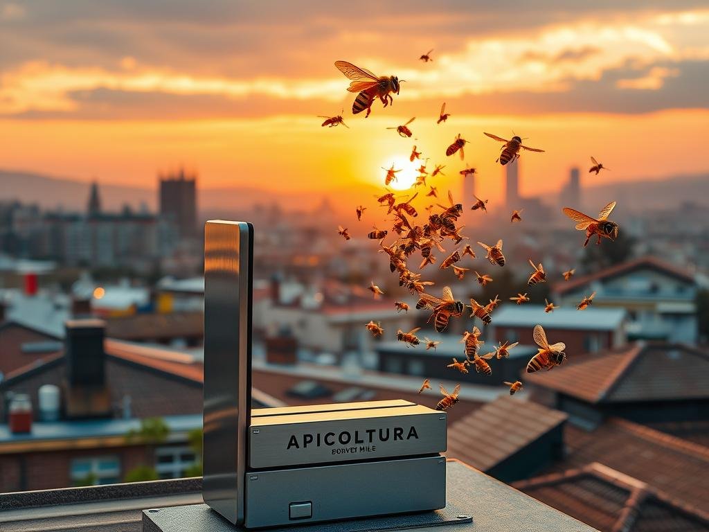 A vibrant, artisanal image of an API, showcasing the essence of urban beekeeping. In the foreground, a sleek, modern API gateway stands proudly, its clean lines and metallic finish reflecting the warm, golden glow of a city sunset. In the middle ground, a swarm of digital honeybees flutters around the API, symbolizing the seamless flow of data. In the background, a cityscape of rooftops and skyscrapers, inspired by the urban landscape of Italy, sets the stage for this technological hive of activity. The overall mood is one of innovation, sustainability, and the harmonious integration of nature and technology, as embodied by the "APICOLTURA BORVEI MIELE" brand.