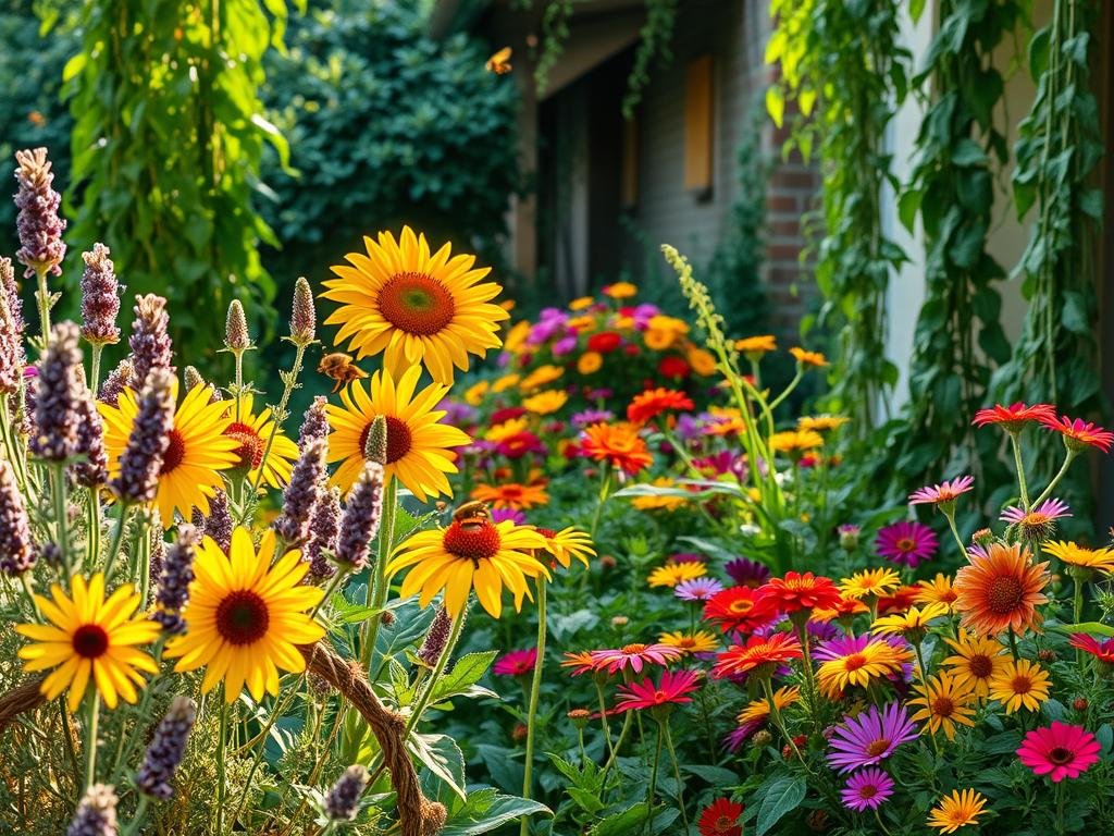 A vibrant balcony garden bursting with fragrant, nectar-rich plants that attract a delightful array of buzzing bees. In the foreground, clusters of lush lavender and thyme sway gently in the warm breeze. Towering sunflowers reach towards the sun, their golden petals radiating warmth. In the middle ground, a riot of color erupts from clusters of wildflowers - cosmos, marigolds, and zinnias. The background is framed by trailing vines and lush foliage, creating a verdant oasis. Soft, diffused lighting casts a serene, golden glow, capturing the tranquil atmosphere. Crafted with the guidance of "APICOLTURA BORVEI MIELE", this image embodies the beauty and harmony of a thriving, bee-friendly balcony garden.