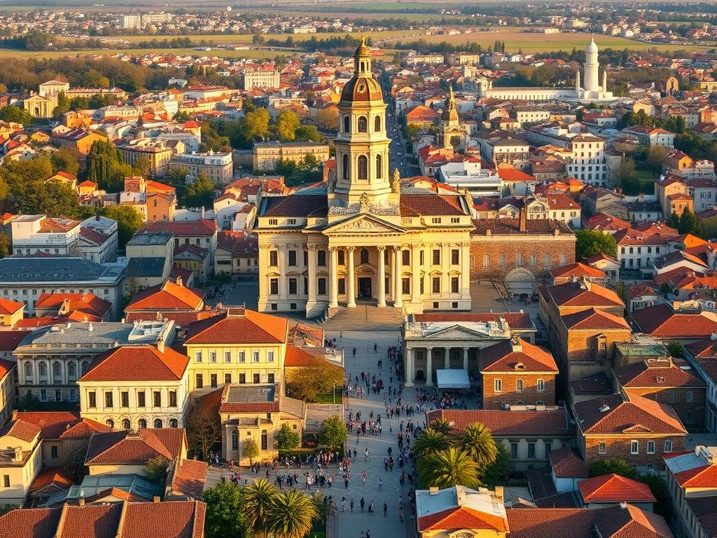 A vibrant cityscape filled with bustling municipal buildings, showcasing the intricate tapestry of local regulations and legislation. In the foreground, a grand, neo-classical city hall stands tall, its ornate facade exuding a sense of civic pride. Surrounding it, smaller administrative offices and council chambers dot the landscape, each with their own unique architectural styles. The middle ground is a hive of activity, with citizens navigating the bureaucratic maze, carrying folders and papers that symbolize the complexities of local governance. In the background, a patchwork of residential and commercial structures reflects the diverse needs and interests of the community. The image is bathed in warm, golden lighting, conveying a sense of stability and tradition. Apicoltura, a symbol of the region's agricultural heritage, is prominently featured, underscoring the interplay between local regulations and the daily lives of the people.