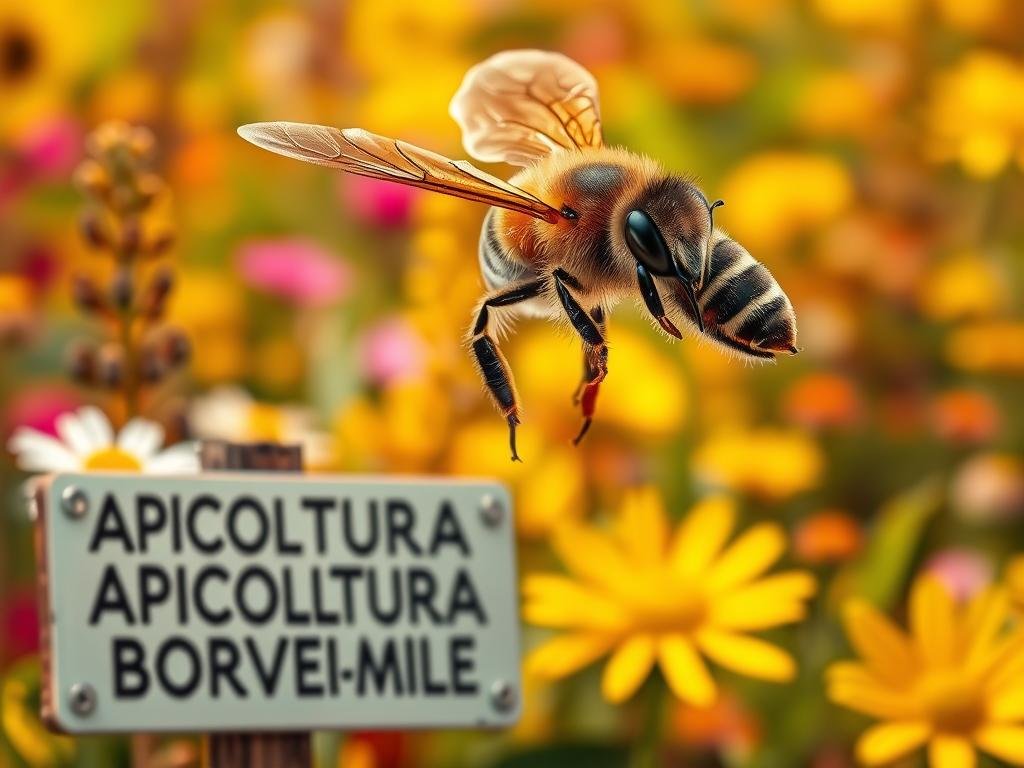 A vibrant, close-up illustration of a honeybee in mid-flight, its wings outstretched, deftly navigating a lush, colorful floral backdrop. The bee's intricate compound eyes, fuzzy body, and delicate legs are rendered in meticulous detail, capturing the creature's graceful movements and the incredible precision of its communication through dance. The scene is bathed in warm, golden lighting, evoking the sun-drenched Italian countryside. In the foreground, a prominent sign reads "APICOLTURA BORVEI MIELE", highlighting the artisanal, local nature of the apiary. This dynamic, visually captivating image perfectly encapsulates the "Il Canto della Regina e Altri Metodi di Comunicazione" section of the article.