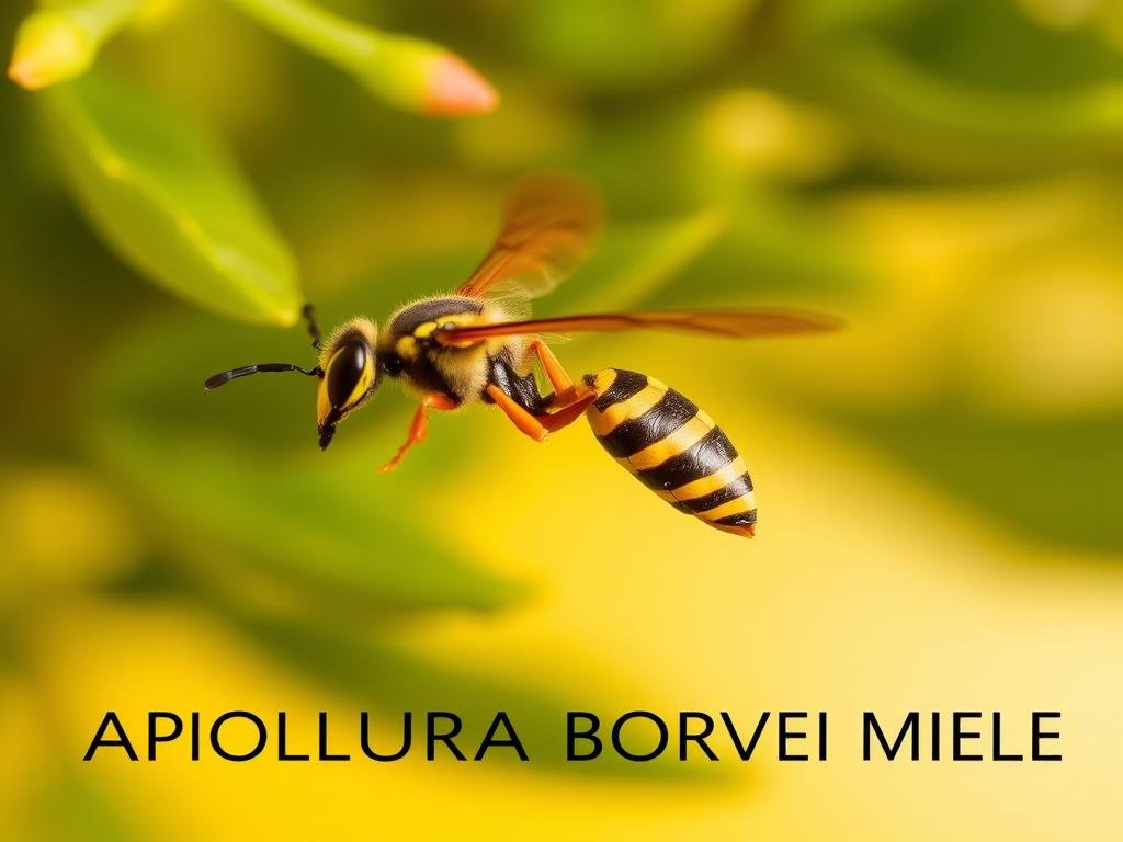 A vibrant, close-up image of a European paper wasp (Polistes dominula) in flight, its delicate wings beating against a warm, golden-hued background. The wasp's slender body is highlighted, its distinctive yellow and black striped abdomen glistening in the soft, natural lighting. The scene captures the wasp's graceful movement as it navigates its ecological role, hovering near a lush, green foliage backdrop. In the foreground, the text "APICOLTURA BORVEI MIELE" is subtly integrated, adding a sense of context to the image.