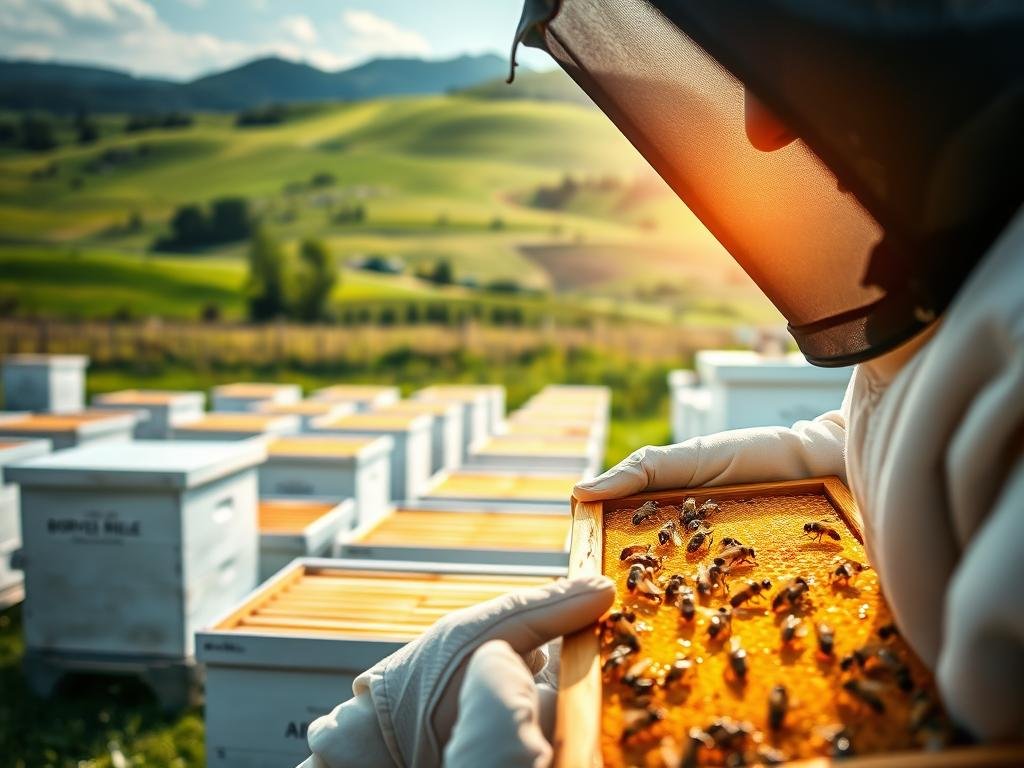 A vibrant, close-up image of a beekeeper inspecting a honeycomb frame in a well-lit, modern apiary. The frame is filled with golden, glistening honey and busy bees. In the background, rows of white, wooden beehives are arranged neatly, with a lush, green meadow and rolling hills in the distance. The scene conveys a sense of harmony between technology and nature, with the APICOLTURA BORVEI MIELE brand name prominently displayed on the hives. The image highlights the importance of data-driven monitoring and optimization in modern apiculture, as described in the article's "Big Data e Apicoltura" section.