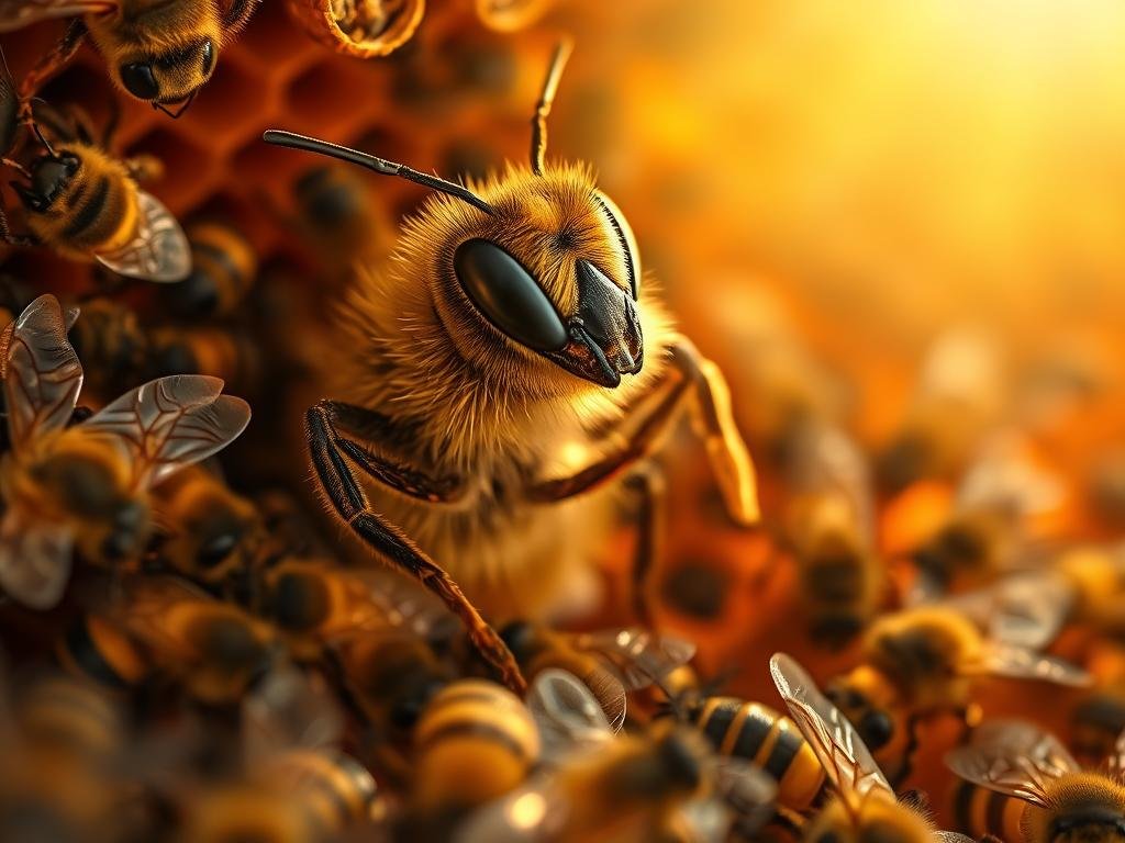 A vibrant, close-up image of an Italian honeybee queen in her hive, surrounded by a chorus of worker bees. The queen majestically raises her head, her delicate antennae twitching as she emits a series of soft, mesmerizing vibrations. The warm, golden light filters through the honeycomb, casting a gentle glow on the intricate patterns of the bees' wings and the rich, amber-hued honey. In the background, hints of the hive's interior architecture can be seen, with the APICOLTURA BORVEI MIELE branding subtly visible. The overall scene evokes a sense of harmony, communication, and the vital role of the queen bee in the bustling, interconnected world of the beehive.