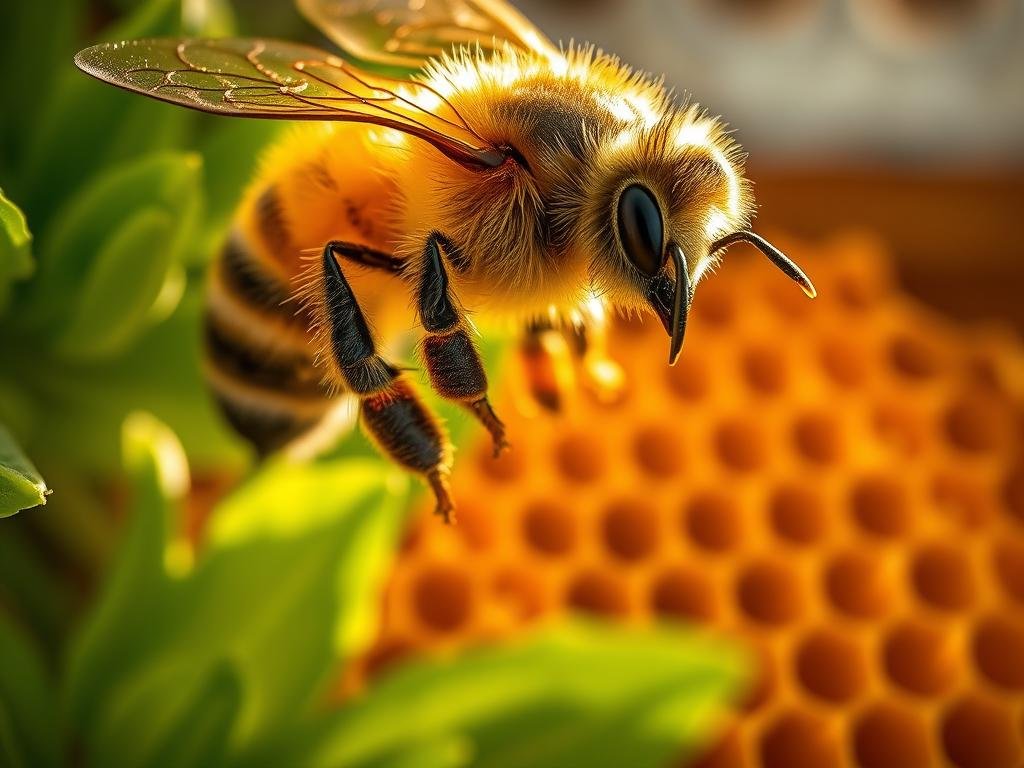 A vibrant close-up of a hardworking Apicoltura honeybee, wings gently fluttering, surrounded by lush, verdant foliage. The bee's fuzzy body is bathed in warm, golden sunlight, capturing the industrious spirit of the colony's tireless workers. In the middle ground, a honeycomb structure emerges, its intricate hexagonal cells a testament to the bees' remarkable engineering feats. The background blurs softly, allowing the viewer to focus on the bee's determined expression and the hive's bustling activity. This image embodies the heart and soul of the colony, showcasing the essential role of the Apicoltura worker bees in the cycle of life.