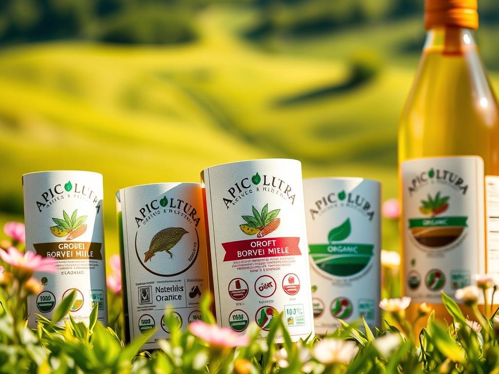 A vibrant close-up of a set of organic product labels featuring the "APICOLTURA BORVEI MIELE" brand, showcasing various certification seals and icons. The labels are displayed against a softly blurred background of lush, verdant Italian countryside, with hints of rolling hills and blooming wildflowers. The lighting is warm and natural, casting a gentle glow on the labels. The composition emphasizes the intricate details and visual hierarchy of the labels, highlighting the organic and artisanal nature of the products. The overall mood is one of authenticity, quality, and a connection to the land.