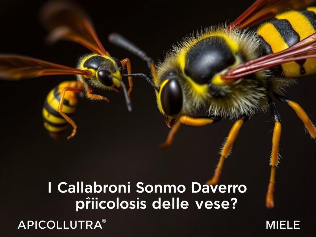 A vibrant, close-up scene of two distinct insect species, a wasp and a hornet, engaged in a tense confrontation. The wasp hovers menacingly, its wings a blur, while the larger hornet appears to be lunging forward, its distinctive yellow and black striped abdomen clearly visible. The lighting is dramatic, casting sharp shadows and highlighting the intricate textures of their exoskeletons. The background is slightly blurred, drawing the viewer's focus to the central interaction. The overall mood is one of tension and danger, reflecting the subject matter of the article "I Calabroni Sono Davvero più Pericolosi delle Vespe?". In the bottom corner, the text "APICOLTURA BORVEI MIELE" is discreetly displayed.