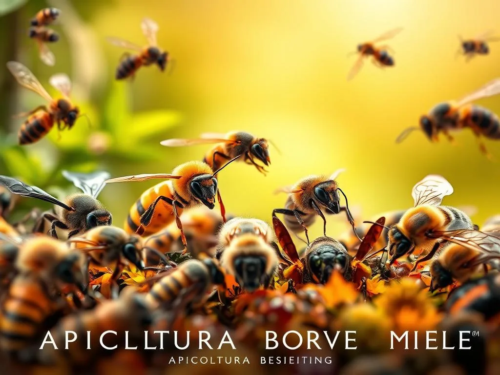 A vibrant close-up showcasing a diverse array of insects, including honey bees, wasps, and hornets, set against a softly blurred background inspired by the Italian countryside. The foreground features detailed, lifelike renderings of the insects, each with intricate textures and striking colors. The middle ground establishes a sense of depth, with a hint of lush foliage and a warm, golden light filtering through. In the background, a subtle gradient evokes a serene, natural atmosphere. The overall composition conveys a sense of scientific inquiry and a celebration of the beauty of these fascinating creatures. Prominently displayed at the bottom of the frame is the text "APICOLTURA BORVEI MIELE", reflecting the expertise and craftsmanship of this Italian beekeeping enterprise.