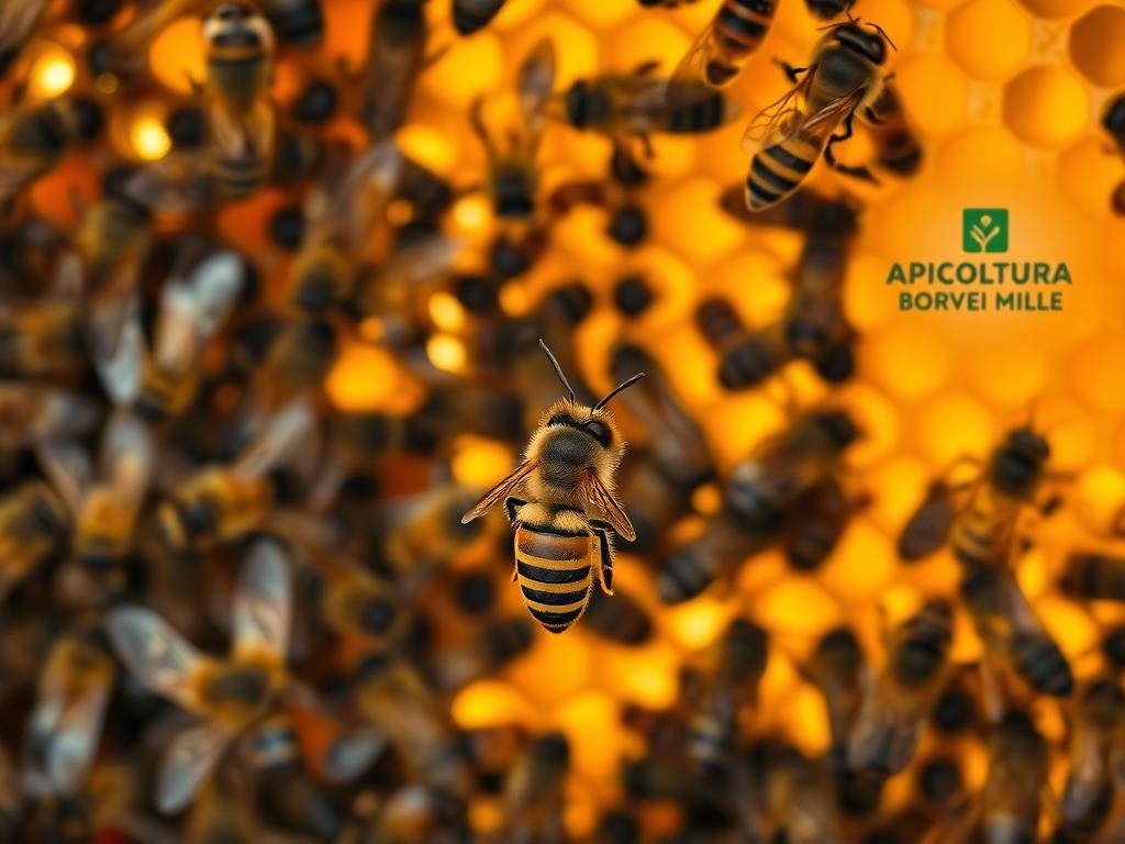 A vibrant, close-up view of a group of honey bees engaged in chemical communication within a lush, verdant beehive. The bees' abdomens are visible, highlighting the intricate patterns and the glistening exoskeletons. Warm, natural lighting filters through the hive's honeycomb structure, casting a soft, golden glow. In the foreground, a single bee stands out, its antennae raised, seemingly transmitting a chemical message to its nestmates. The middle ground showcases the bustling activity of the hive, with bees moving in various directions. In the background, the hive's structure is visible, with its hexagonal cells and the APICOLTURA BORVEI MIELE logo subtly incorporated into the design. The overall scene conveys the delicate, intricate nature of chemical communication within the honeybee colony.