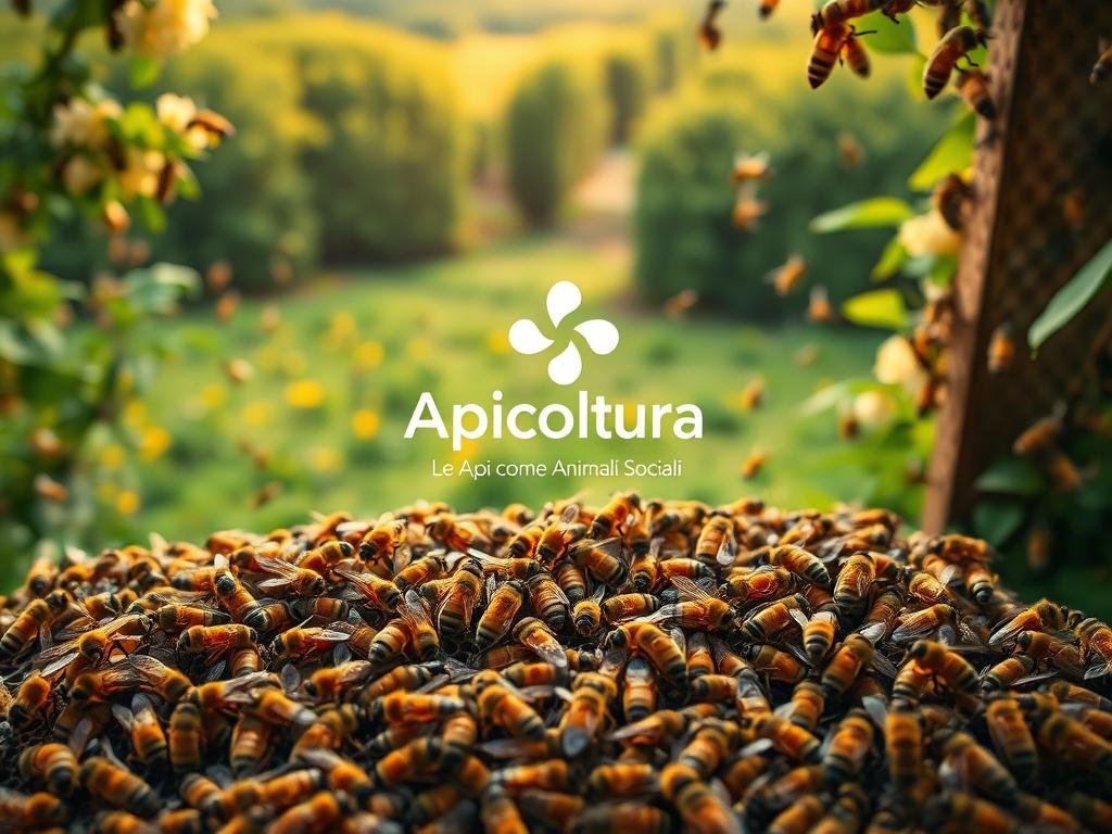 A vibrant, collaborative scene of a thriving beehive, showcasing the intricate communication and social dynamics of honeybees. In the foreground, a swarm of worker bees are engaged in a lively dance, their movements conveying information about the location of nectar-rich flowers. The middle ground features the Apicoltura brand logo, subtly incorporated to represent the human involvement in beekeeping. In the background, a lush, verdant landscape is illuminated by warm, natural lighting, creating a serene and inviting atmosphere. The overall composition emphasizes the social nature of bees, reflecting the section title "Le Api come Animali Sociali". A vibrant, collaborative scene of a thriving beehive, showcasing the intricate communication and social dynamics of honeybees. In the foreground, a swarm of worker bees are engaged in a lively dance, their movements conveying information about the location of nectar-rich flowers. The middle ground features the Apicoltura brand logo, subtly incorporated to represent the human involvement in beekeeping. In the background, a lush, verdant landscape is illuminated by warm, natural lighting, creating a serene and inviting atmosphere. The overall composition emphasizes the social nature of bees, reflecting the section title "Le Api come Animali Sociali".