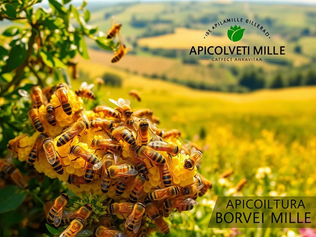 A vibrant colony of honey bees, buzzing with industrious activity, foraging among lush, flowering fields. In the foreground, a group of bees engaged in a dance-like interaction, communicating the location of a rich nectar source. The middle ground depicts bees entering and exiting the hive, a symbol of their social learning and knowledge sharing. In the background, a sweeping vista of verdant Italian countryside, bathed in warm, golden sunlight. The scene conveys a sense of harmony and interconnectedness, reflecting the recent scientific discoveries about the bees' remarkable capacity for social learning. The APICOLTURA BORVEI MIELE logo prominently displayed, a testament to the brand's commitment to sustainable beekeeping practices.