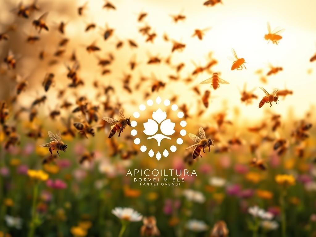 A vibrant dance of honey bees, captured in a dynamic scene. In the foreground, a swarm of bees gracefully navigate the air, their wings a blur as they communicate through intricate movements. The middle ground features a lush, flower-filled meadow, the blossoms providing the nectar that fuels their dance. In the background, a warm, golden-hued sky bathes the scene in a soft, natural light. The APICOLTURA BORVEI MIELE logo subtly adorns the image, reflecting the artisanal nature of the honey production process. This image embodies the complex language of the bees, showcasing their remarkable ability to learn and share the location of new nectar sources through their captivating dance.