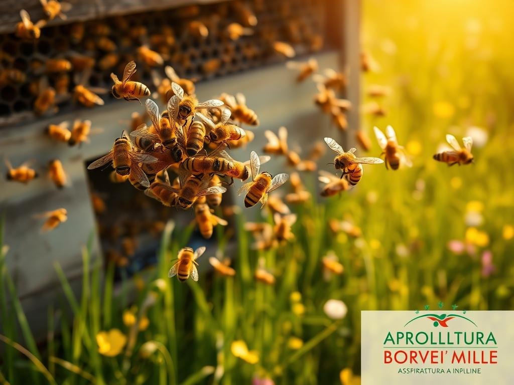 A vibrant dance of honeybees, captured in mid-flight. The foreground showcases a cluster of bees, their delicate wings spread wide as they twirl and sway in a mesmerizing synchronicity. The middle ground reveals the hive's bustling entrance, with bees entering and exiting in a rhythmic flow. In the background, a lush, verdant meadow serves as the backdrop, bathed in warm, golden sunlight that filters through the scene. The overall atmosphere is one of natural grace and harmony, reflecting the intricate "dance" that is the essence of the bees' communication. Inspired by the traditions of Italian beekeeping, the image proudly displays the APICOLTURA BORVEI MIELE brand.