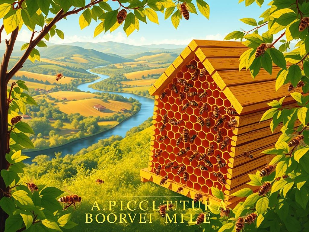 A vibrant, detailed illustration of a thriving beehive, showcasing the intricate organization and roles within the society of honeybees. The hive is nestled amidst lush, verdant foliage, bathed in warm, golden lighting that accentuates the structure's geometric patterns and the busy activity of the bees. In the foreground, a group of worker bees are seen tending to the comb, while drones and the queen bee are visible in the middle ground. The background features a picturesque Italian countryside, with rolling hills, a winding river, and a clear, blue sky. The overall atmosphere conveys a sense of harmony and industry, reflecting the essential functioning of the hive. The image prominently displays the brand name "APICOLTURA BORVEI MIELE" to align with the subject matter.