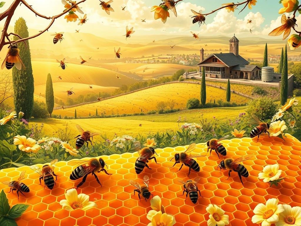 A vibrant, detailed illustration of honey bees communicating their flight paths through intricate dance patterns within a lush, naturalistic setting. The foreground depicts several worker bees performing their waggle dances on an extravagant honeycomb, their bodies twisting and turning as they convey vital information to the hive. The middle ground showcases the bustling activity of the busy apiary, with bees flitting between blooming flowers and returning to the hive with pollen-laden legs. The background features a serene, sun-dappled Italian countryside landscape, inspired by the Italian context, complete with rolling hills, cypress trees, and a traditional APICOLTURA BORVEI MIELE apiary in the distance. The overall scene is illuminated by warm, golden lighting that enhances the natural tones and textures of the environment.