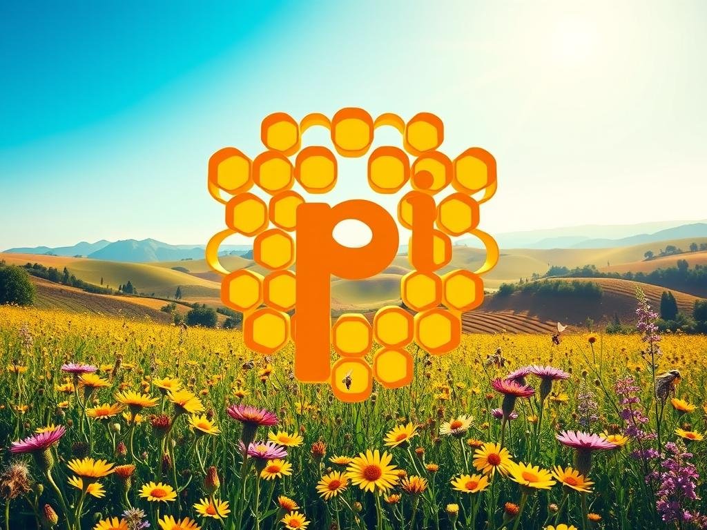 A vibrant, detailed illustration of the Apicoltura brand's logo - a stylized honeycomb-shaped "API" in a warm, earthy color palette. The foreground features the intricate design with clean, precise lines, while the middle ground showcases a lush, blossoming field of wildflowers in shades of yellow, purple, and green. The background subtly depicts a Italian countryside landscape, with rolling hills, a blue sky, and a sun-dappled atmosphere, conveying a sense of natural harmony and the importance of bees in the modern agricultural landscape.