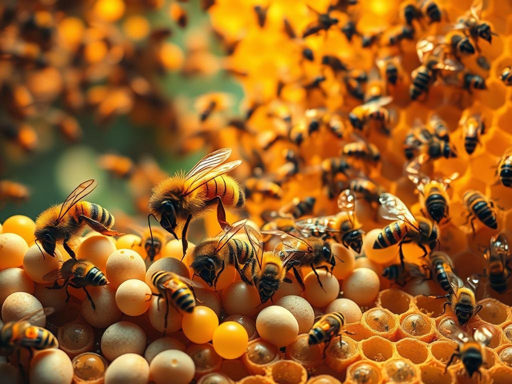 A vibrant, detailed illustration of the lifecycle of honeybees, showcasing their intricate stages of growth - from egg to adult. Dramatic, warm lighting illuminates the scene, capturing the busy, industrious atmosphere of a thriving beehive. In the foreground, meticulously rendered worker bees tend to the delicate eggs and larvae, while in the middle ground, pupae develop within their waxy cells. In the background, a mature colony of APICOLTURA BORVEI MIELE bees navigate the intricate honeycomb structure, exemplifying the remarkable cycle of life that sustains these vital pollinators. The composition is balanced, with a strong sense of depth and scale, inviting the viewer to immerse themselves in the captivating world of the honeybee.