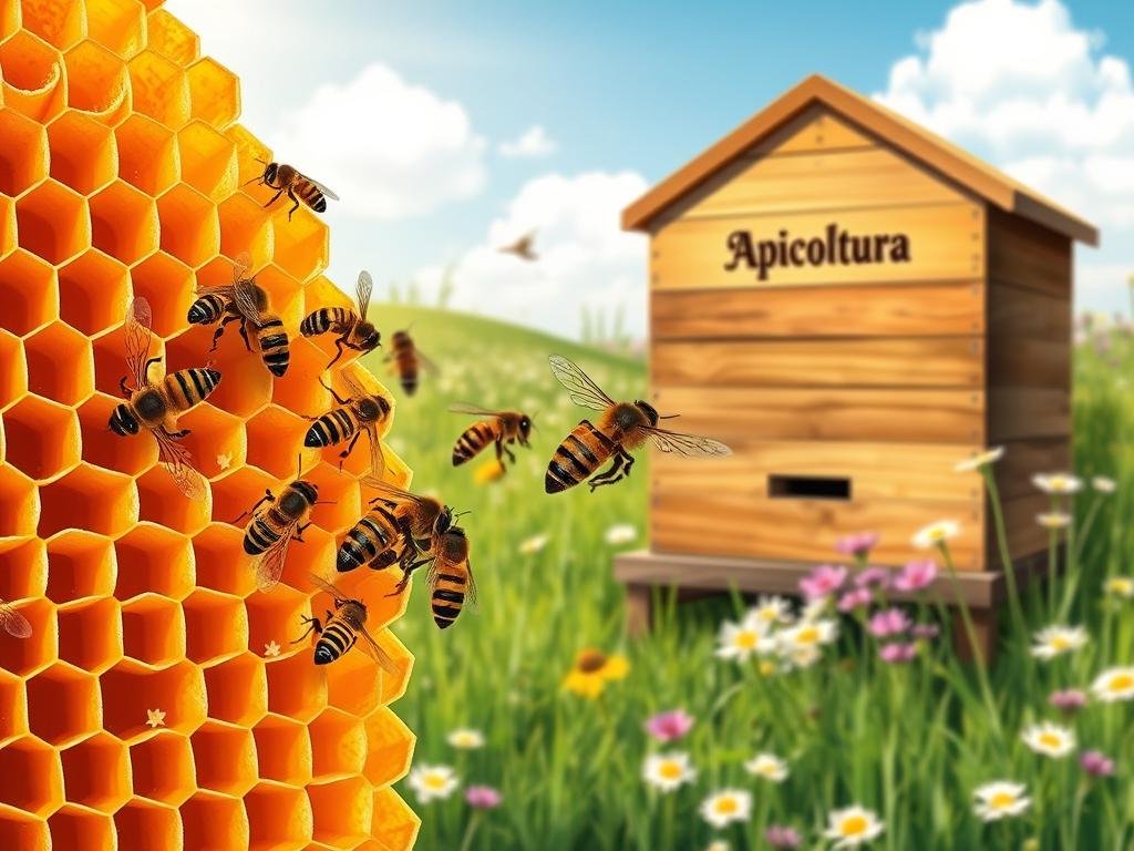 A vibrant, detailed illustration showcasing the secret language of bees. In the foreground, a close-up of a honeycomb, its hexagonal cells glistening with nectar. Amidst the comb, a cluster of bees performing an intricate dance, their bodies in perfect synchronization, conveying messages about the location of abundant food sources. In the middle ground, a larger view of the hive, its exterior adorned with the Apicoltura brand name, highlighting the Italian heritage of these industrious pollinators. The background depicts a lush, sun-dappled meadow, wildflowers swaying in the breeze, creating a serene, natural setting for this captivating display of apian communication.