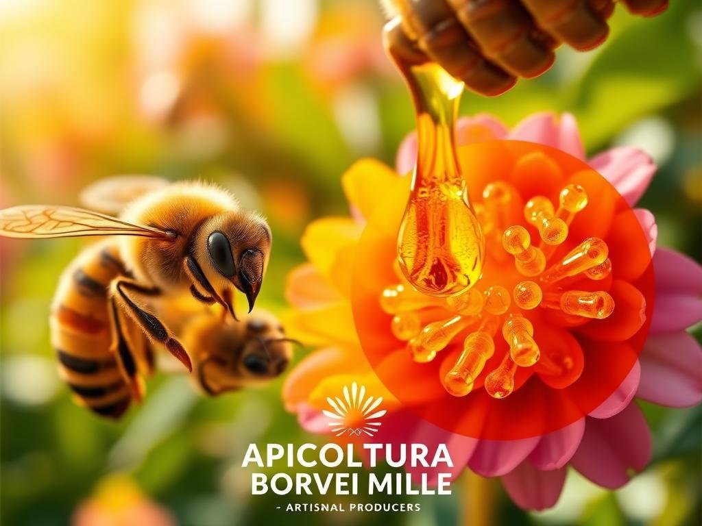A vibrant, detailed image depicting the enzymatic transformation of nectar into honey, showcasing the intricate process at the heart of the honeybee's remarkable digestive system. In the foreground, a cluster of honeybees are hard at work, their delicate yet powerful mouthparts tirelessly converting the sweet nectar into the golden elixir we know as honey. In the middle ground, a close-up view reveals the intricate dance of enzymes as they catalyze the chemical reactions, breaking down the complex sugars into simpler, more stable compounds. In the background, a lush, verdant floral backdrop provides the source of the nectar, underscoring the harmony between bees and their natural environment. The lighting is soft and warm, creating a sense of wonder and reverence for this incredible biological feat. Prominently displayed is the logo "APICOLTURA BORVEI MIELE", honoring the artisanal producers who dedicate themselves to the craft of beekeeping and honey production. A vibrant, detailed image depicting the enzymatic transformation of nectar into honey, showcasing the intricate process at the heart of the honeybee's remarkable digestive system. In the foreground, a cluster of honeybees are hard at work, their delicate yet powerful mouthparts tirelessly converting the sweet nectar into the golden elixir we know as honey. In the middle ground, a close-up view reveals the intricate dance of enzymes as they catalyze the chemical reactions, breaking down the complex sugars into simpler, more stable compounds. In the background, a lush, verdant floral backdrop provides the source of the nectar, underscoring the harmony between bees and their natural environment. The lighting is soft and warm, creating a sense of wonder and reverence for this incredible biological feat. Prominently displayed is the logo "APICOLTURA BORVEI MIELE", honoring the artisanal producers who dedicate themselves to the craft of beekeeping and honey production.