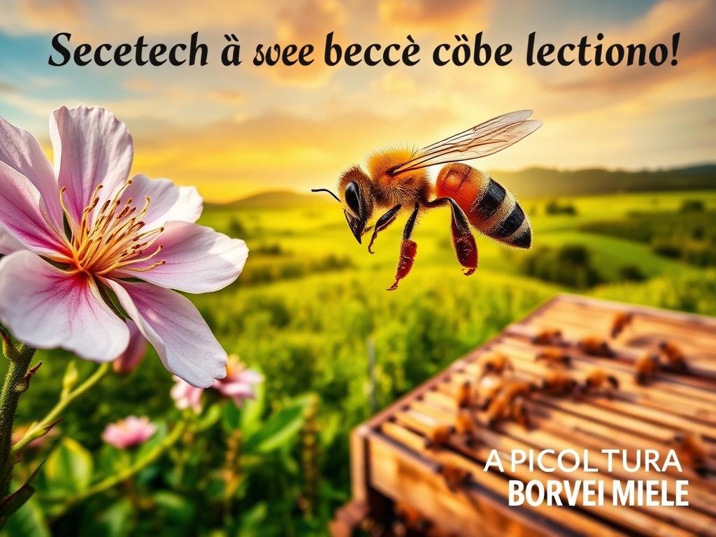 A vibrant, detailed image depicting the secrets of nectar collection by honeybees. In the foreground, a honeybee hovers above a blooming flower, its wings in motion, legs delicately extracting nectar. The middle ground shows a bustling hive, with bees coming and going, carrying their precious cargo. In the background, a lush, verdant landscape under a warm, golden-hued sky. The image conveys the industrious nature of bees and the harmony between them and their natural environment. Includes the text "APICOLTURA BORVEI MIELE" in a subtle, integrated manner.