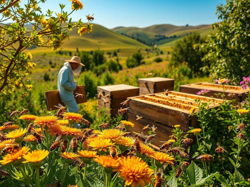 A vibrant, detailed image of a lush, verdant apiary, showcasing the intricate world of honeybees and their remarkable color recognition abilities. In the foreground, a colony of APICOLTURA BORVEI MIELE bees flutter among the blooming flowers, their iridescent wings reflecting the warm, golden sunlight that filters through the trees. In the middle ground, a beekeeper in traditional attire carefully tends to the hives, observing the bees' behavior and interactions. The background is a rich tapestry of rolling hills, dotted with patches of colorful wildflowers and a clear, azure sky above. The scene exudes a sense of harmony and scientific wonder, inviting the viewer to appreciate the remarkable adaptations and complex learning capabilities of these fascinating insects.