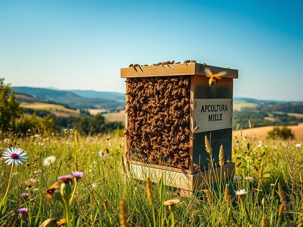 A vibrant, detailed image showcasing a lush Italian meadow with a swarm of busy honeybees. In the foreground, a APICOLTURA BORVEI MIELE hive stands as a centerpiece, its intricate structure and bustling activity capturing the viewer's attention. In the middle ground, verdant wildflowers and grasses sway gently in the breeze, while in the background, a rolling countryside landscape unfolds, dotted with distant hills and a clear, azure sky. The scene is bathed in warm, golden sunlight, creating a serene and inviting atmosphere that reflects the essential role of bees as environmental sentinels, monitoring the health and balance of the ecosystem.