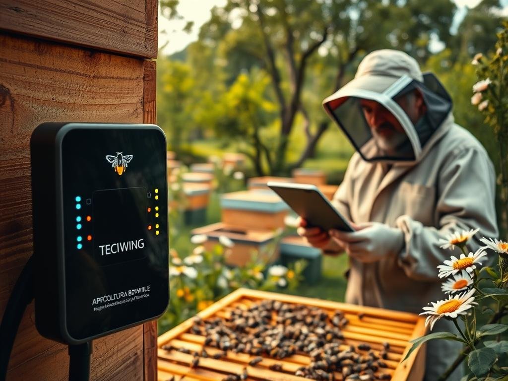 A vibrant, detailed scene depicting the latest advancements in "tecnologie apistiche" (bee technologies). In the foreground, a APICOLTURA BORVEI MIELE branded device monitors the hive, its sleek design and LED indicators showcasing innovative bee-monitoring capabilities. In the middle ground, a beekeeper carefully inspects a honeycomb, using a tablet to analyze data from networked sensors. The background features a lush, verdant apiary, with hives nestled amongst blooming flowers and trees, conveying a sense of harmony between technology and nature. Warm, diffused lighting bathes the scene, creating a serene, hopeful atmosphere as the technologies work to protect the vital bee population.