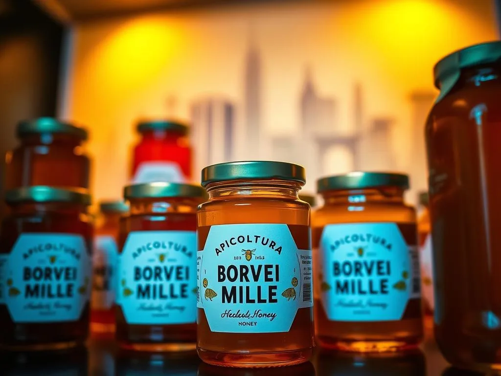 A vibrant display of "APICOLTURA BORVEI MIELE" honey jars, meticulously designed with a modern, urban aesthetic. The labels feature clean typography, minimalist illustrations, and bold colors that capture the artisanal nature of the urban apiary. The foreground showcases the honey jars in an elegant arrangement, illuminated by warm, directional lighting that casts soft shadows, highlighting the rich, viscous texture of the honey. The middle ground features a subtle backdrop of a stylized cityscape, conveying the urban setting where this honey is produced. The overall atmosphere is one of refined simplicity, showcasing the care and craftsmanship of this local, sustainable honey brand.