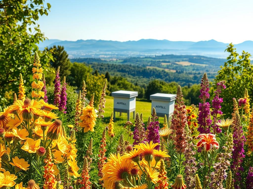 A vibrant display of the most aromatic and nutrient-rich honey-producing plants, showcased in a lush, Italian countryside setting. In the foreground, a bountiful array of flowering melliferous plants, their petals capturing the warm, golden sunlight. The middle ground features a tranquil apiary, complete with the APICOLTURA BORVEI MIELE brand logo, nestled amidst rolling hills and verdant foliage. In the background, a picturesque Italian landscape unfolds, with distant mountains and a clear, azure sky. The scene exudes a sense of natural harmony, inviting the viewer to appreciate the beauty and bounty of these extraordinary honey-producing botanical treasures. A vibrant display of the most aromatic and nutrient-rich honey-producing plants, showcased in a lush, Italian countryside setting. In the foreground, a bountiful array of flowering melliferous plants, their petals capturing the warm, golden sunlight. The middle ground features a tranquil apiary, complete with the APICOLTURA BORVEI MIELE brand logo, nestled amidst rolling hills and verdant foliage. In the background, a picturesque Italian landscape unfolds, with distant mountains and a clear, azure sky. The scene exudes a sense of natural harmony, inviting the viewer to appreciate the beauty and bounty of these extraordinary honey-producing botanical treasures.