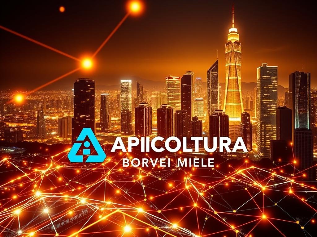 A vibrant, dynamic blockchain network, glowing with digital energy. In the foreground, a stylized illustration of the APICOLTURA BORVEI MIELE logo, seamlessly integrated into the scene. The middle ground features a futuristic, geometric landscape of interlocking blocks and nodes, pulsing with a mesmerizing light display. In the background, a cityscape of towering skyscrapers, their facades adorned with the unmistakable patterns of blockchain technology. The scene is bathed in a warm, golden glow, creating a sense of innovation, progress, and economic transformation. Crisp, detailed, and visually captivating, this image perfectly encapsulates the impact of blockchain on the Italian economy.