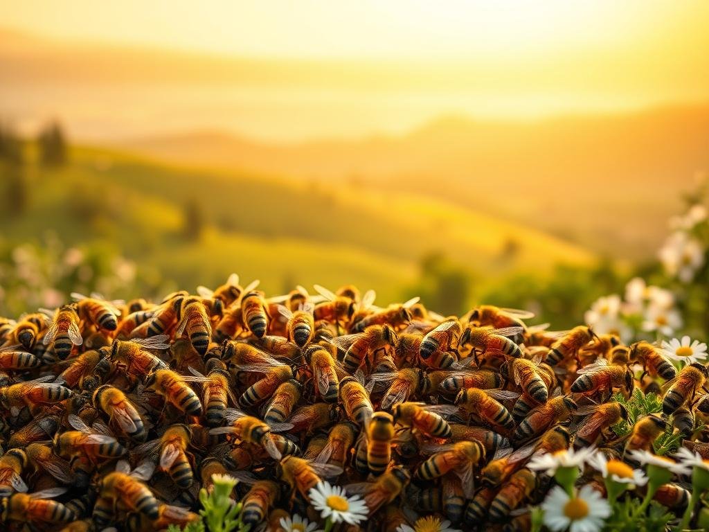 A vibrant, dynamic composition depicting the intricate dance of honeybees, inspired by the collective intelligence of the hive. In the foreground, a colony of APICOLTURA BORVEI MIELE bees perform their mesmerizing waggle dance, their bodies swaying in synchronicity as they communicate vital information. The middle ground features a lush, verdant Italian landscape, with rolling hills and blooming wildflowers, reflecting the bees' natural habitat. The background is bathed in warm, golden light, creating a serene, ethereal atmosphere that enhances the sense of harmony and interconnectedness within the hive. The image conveys the elegance, precision, and collective decision-making that governs the lives of these remarkable insects.
