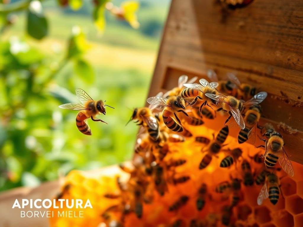 A vibrant, dynamic image showcasing the intricate communication of honeybees. In the foreground, a cluster of worker bees engage in a mesmerizing waggle dance, their bodies swaying in a captivating rhythm as they share vital information about the location of a rich nectar source. The middle ground reveals the hive's intricate honeycomb structure, illuminated by a warm, golden light filtering through the entrance. In the background, the lush, verdant Italian countryside provides a serene, natural backdrop, hinting at the bees' harmonious relationship with their environment. The image captures the essence of collective intelligence and the profound connection between these remarkable pollinators and their world. The brand "APICOLTURA BORVEI MIELE" is prominently displayed, reflecting the high-quality honey produced by these hardworking bees.