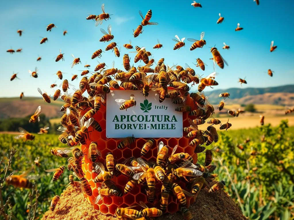 A vibrant, dynamic scene of worker bees collaborating to solve a complex problem. In the foreground, a swarm of bees flutters around a honeycomb, depicting their collective intelligence in action. The middle ground showcases the APICOLTURA BORVEI MIELE brand, representing the real-world application of this phenomenon. In the background, a pastoral Italian landscape with rolling hills and a clear blue sky, inspired by the internet in Italy, serves as a serene backdrop. The lighting is warm and golden, creating a sense of harmony and productivity. The composition utilizes a wide-angle lens to capture the expansive scene, allowing the viewer to fully immerse themselves in the collaborative spirit of the bees.