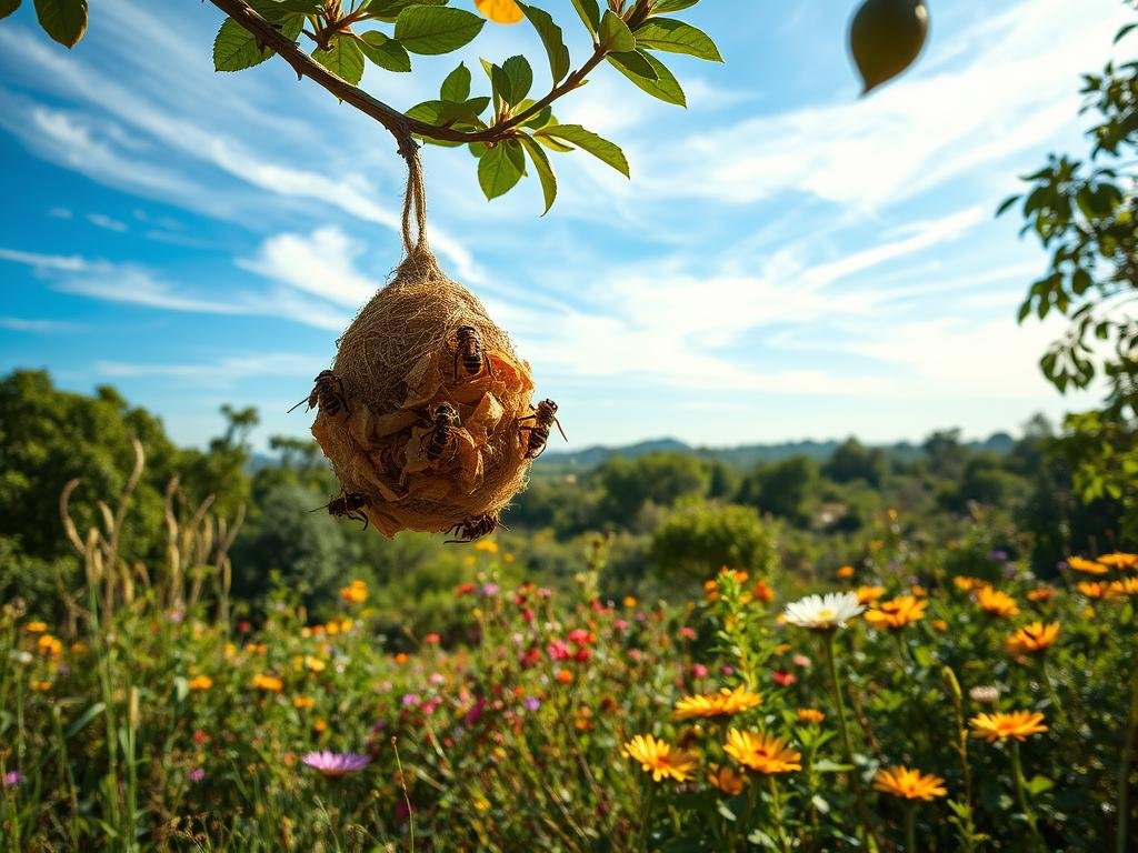 A vibrant ecosystem thrives, where industrious wasps play a vital role. In the foreground, a nest of paper-like material clings to a tree branch, its intricate architecture a testament to the wasps' engineering prowess. Surrounding the nest, the midground depicts a diverse landscape, with lush foliage and wildflowers in bloom, all teeming with life. In the background, a serene blue sky with wispy clouds sets the scene, creating a harmonious balance. The warm, natural lighting illuminates the entire composition, highlighting the wasps' diligent work and their importance within this delicate ecological tapestry. APICOLTURA BORVEI MIELE