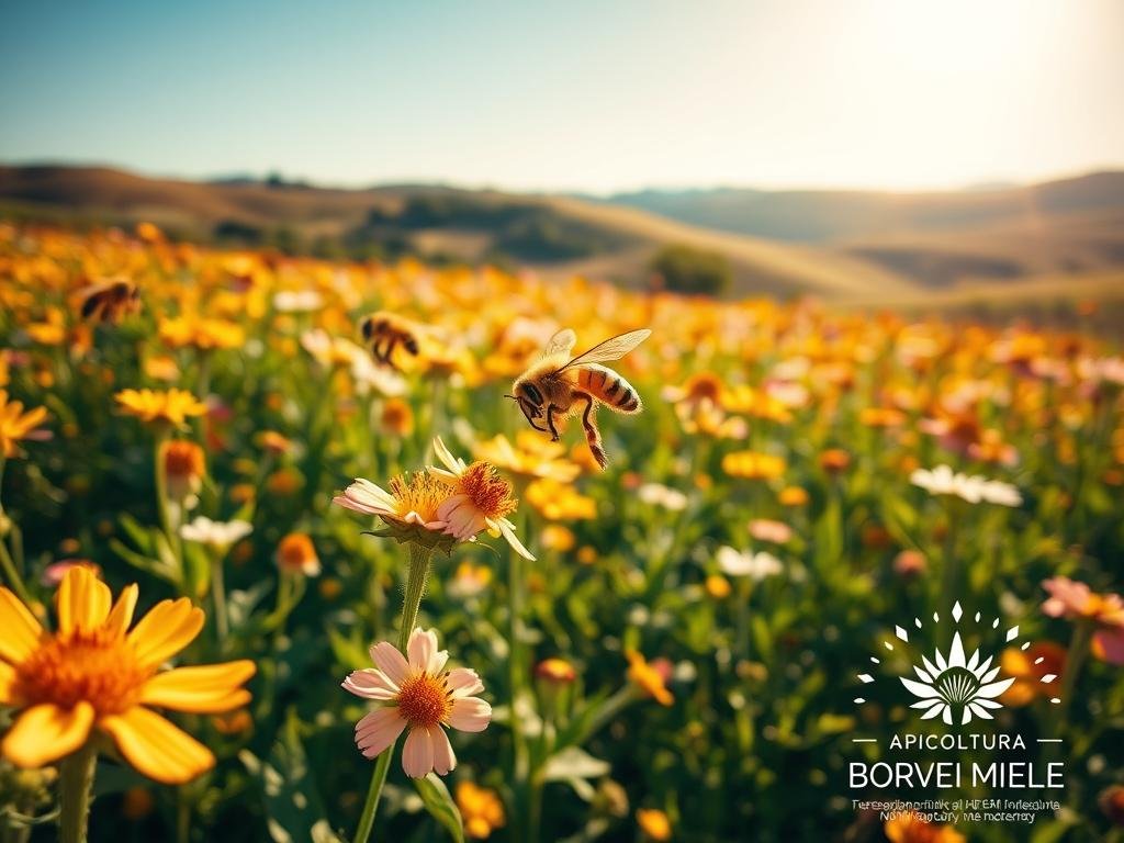 A vibrant field of blooming flowers in the golden light of the Italian countryside, with a swarm of hardworking honey bees darting among the petals, pollinating the blossoms. In the foreground, a close-up view captures the intricate dance of a bee delicately gathering nectar, its fuzzy body dusted with pollen. The middle ground showcases the lush, verdant foliage and the diversity of flowering plants, reflecting the critical role of pollination in maintaining the delicate balance of this ecosystem. In the background, a sun-dappled landscape unfolds, with rolling hills and a clear blue sky. The image carries a sense of harmony and the vital connection between pollinating insects and the flourishing of plant life. Prominently displayed, the APICOLTURA BORVEI MIELE logo underscores the importance of responsible beekeeping practices.