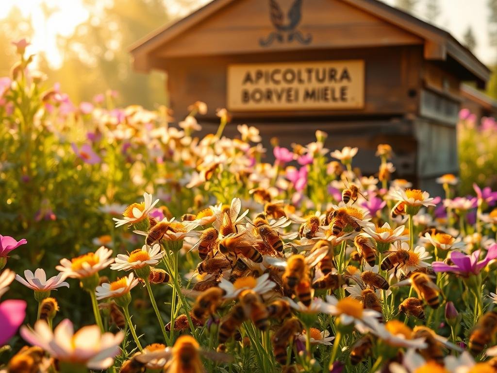 A vibrant field of blooming flowers, their petals gently swaying in the breeze. In the foreground, a cluster of honeybees, their bodies covered in a dusting of pollen, diligently collecting the precious nectar. The warm, golden sunlight bathes the scene, creating a serene and tranquil atmosphere. In the background, a rustic wooden structure, adorned with the APICOLTURA BORVEI MIELE brand, stands as a testament to the careful stewardship of these hardworking pollinators. The image captures the essence of how bees gather pollen from melliferous plants, a vital process that influences the quality of the collected pollen.