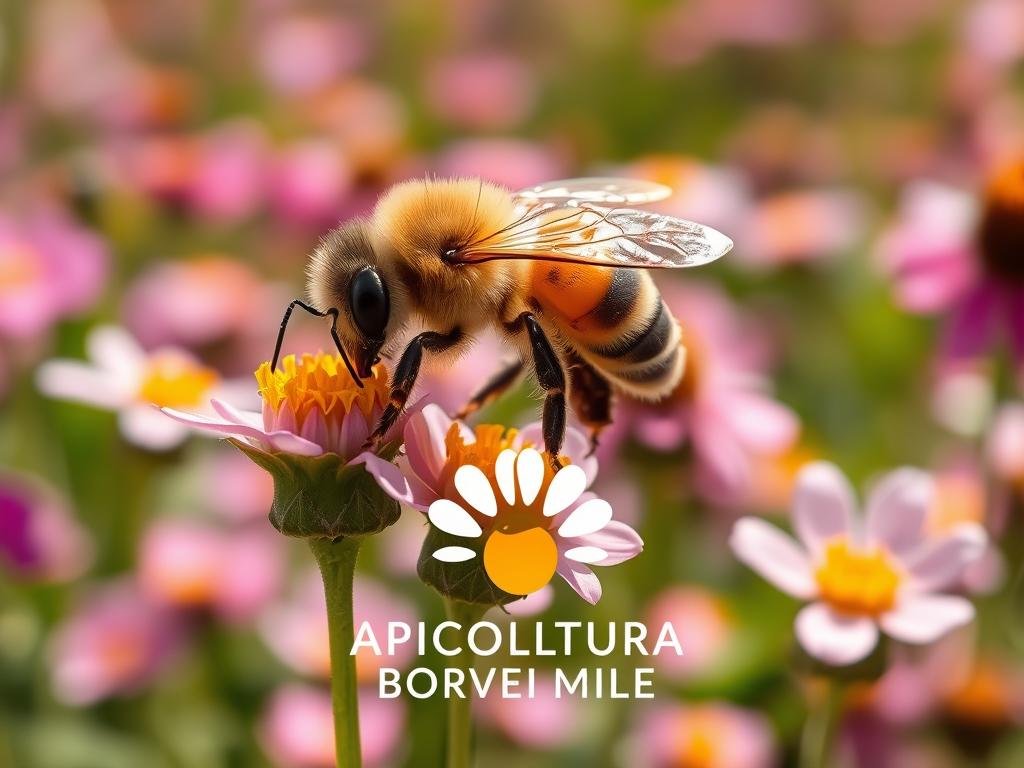 A vibrant field of blooming flowers, with a close-up view of a hardworking honey bee, its fuzzy body and delicate wings in motion as it collects nectar from the blossoms. The bee is perched atop a flower, its proboscis extended, extracting the sweet liquid. The background is softly blurred, emphasizing the bee's industrious task. The lighting is warm and natural, casting a gentle glow on the scene. In the foreground, the APICOLTURA BORVEI MIELE logo is displayed, reflecting the artisanal and authentic nature of the honey production.