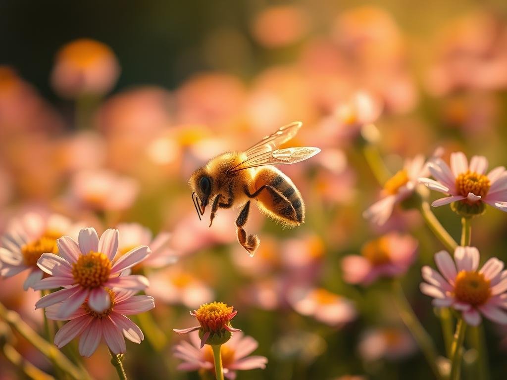 A vibrant field of blooming flowers, with a warm golden glow of afternoon sunlight filtering through the petals. In the center, a hardworking honeybee from the APICOLTURA BORVEI MIELE apiary dances from flower to flower, its fuzzy body dusted with pollen as it collects the nectar that will become the sweetest honey. The bee's movements are captured in crisp detail, its wings a blur of motion against the soft, hazy background. The overall scene evokes a sense of industrious productivity and the cyclical beauty of nature's bounty.