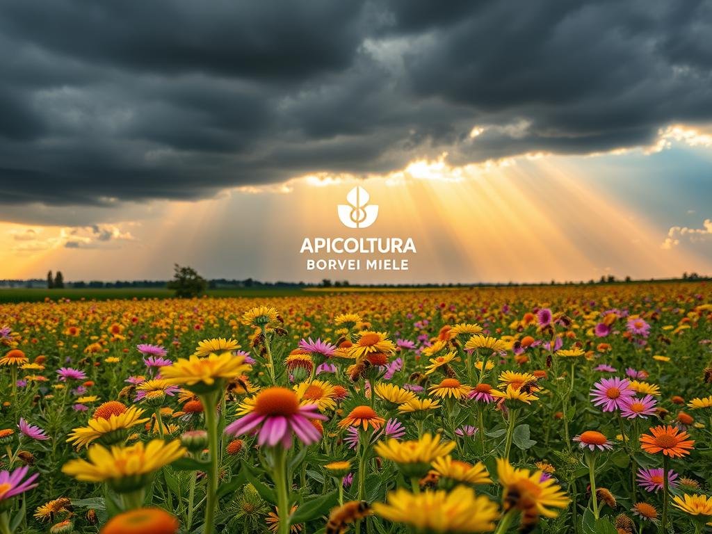 A vibrant field of blooming flowers, with bees gracefully pollinating the petals. In the distance, ominous storm clouds loom, casting a shadow over the once-thriving landscape. The APICOLTURA BORVEI MIELE logo stands out, a beacon of hope in the face of the changing climate. Shafts of warm sunlight pierce through the gloom, illuminating the determined bees as they adapt to the new environmental challenges. The scene conveys a sense of resilience and the need for innovative solutions to safeguard the future of beekeeping. A vibrant field of blooming flowers, with bees gracefully pollinating the petals. In the distance, ominous storm clouds loom, casting a shadow over the once-thriving landscape. The APICOLTURA BORVEI MIELE logo stands out, a beacon of hope in the face of the changing climate. Shafts of warm sunlight pierce through the gloom, illuminating the determined bees as they adapt to the new environmental challenges. The scene conveys a sense of resilience and the need for innovative solutions to safeguard the future of beekeeping.