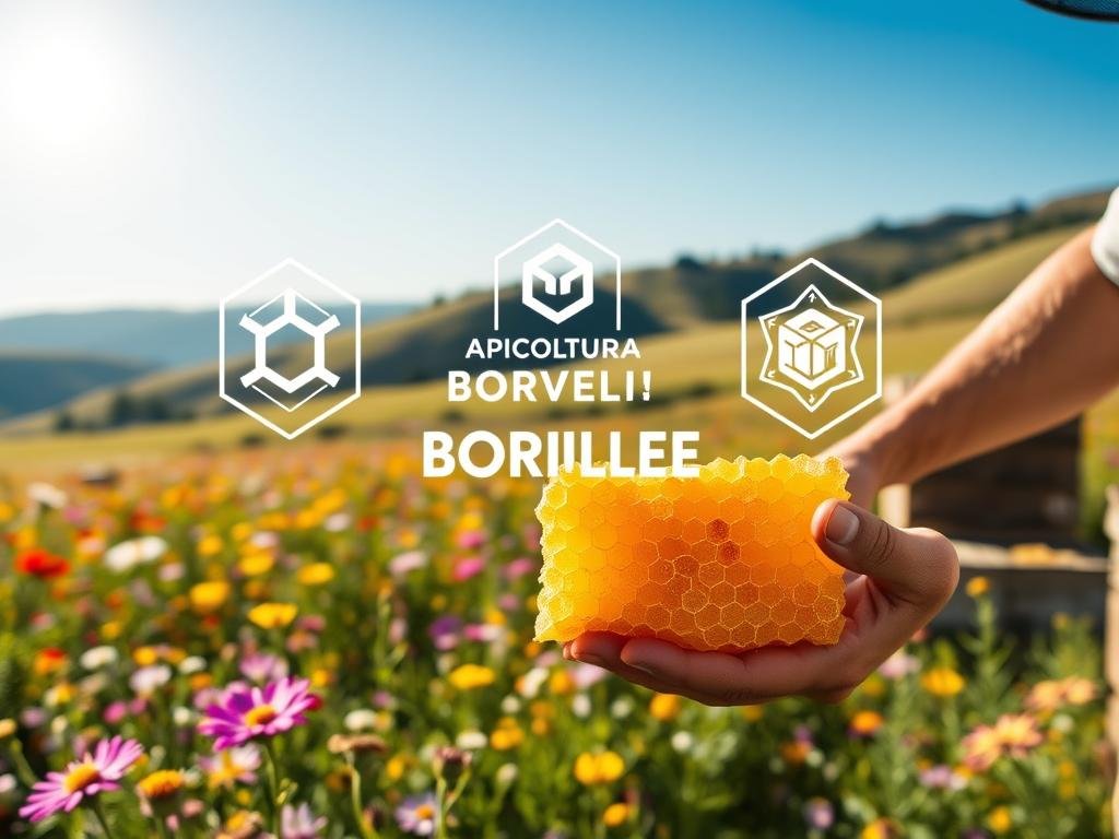 A vibrant field of blooming wildflowers in the Italian countryside, with a beekeeper tending to their hives. In the foreground, a golden honeycomb is held in the beekeeper's hands, showcasing the purity and quality of the "APICOLTURA BORVEI MIELE" brand. The middle ground features modern blockchain technology icons, symbolizing the secure traceability and certification of this artisanal honey. The background depicts rolling hills, a clear blue sky, and the sun's warm glow, creating a sense of natural harmony. The overall mood is one of authenticity, sustainability, and the marriage of traditional beekeeping with innovative blockchain technology.