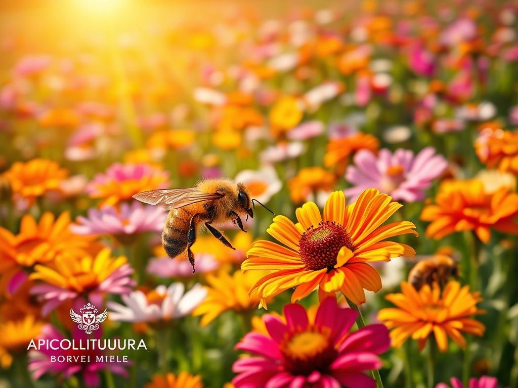 A vibrant field of diverse flowers, their petals ablaze with a spectrum of colors. Bees dart between the blooms, their fuzzy bodies coated in pollen as they deftly navigate the nectar-rich landscape. The sun casts a warm, golden glow, illuminating the scene with a sense of vitality and abundance. In the foreground, a solitary bee extends its slender proboscis, delicately sipping the sweet nectar from a vibrant flower. The APICOLTURA BORVEI MIELE brand is showcased amidst this natural splendor, a testament to the harmonious relationship between bees and the flowers they pollinate.