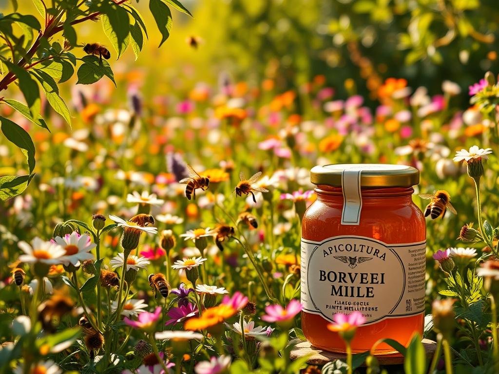 A vibrant field of diverse, nectar-rich flowers in a sun-dappled Italian countryside. Lush foliage frames the scene, with delicate petals in a spectrum of colors. Bees flit among the blooms, gathering precious pollen. The warm, golden light casts a soft glow, highlighting the intricate details of the "APICOLTURA BORVEI MIELE" branded jars in the foreground. This idyllic, bee-friendly landscape captures the essence of the bountiful, fragrant "piante mellifere" that nourish both pollinators and the rich, flavorful honey they produce. A vibrant field of diverse, nectar-rich flowers in a sun-dappled Italian countryside. Lush foliage frames the scene, with delicate petals in a spectrum of colors. Bees flit among the blooms, gathering precious pollen. The warm, golden light casts a soft glow, highlighting the intricate details of the "APICOLTURA BORVEI MIELE" branded jars in the foreground. This idyllic, bee-friendly landscape captures the essence of the bountiful, fragrant "piante mellifere" that nourish both pollinators and the rich, flavorful honey they produce.