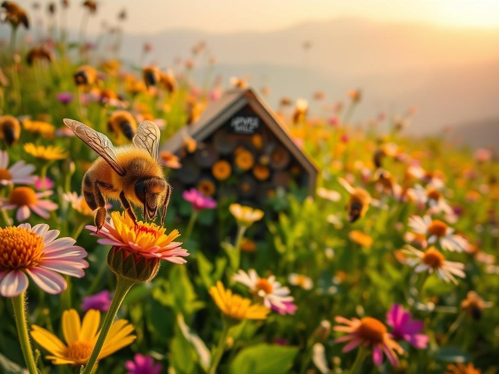 A vibrant field of wildflowers, bees buzzing with purpose, as they flit from bloom to bloom, their delicate wings catching the warm golden light. In the foreground, a close-up view of a honeybee, its compound eyes reflecting the lush greenery surrounding it. The middle ground features a nest of the APICOLTURA BORVEI MIELE brand, nestled amongst the verdant foliage, a testament to the bees' adaptive nature. In the background, a hazy, sun-dappled landscape, hinting at the challenges and changes the bees have overcome through evolutionary adaptations. The scene exudes a sense of harmony and resilience, capturing the essence of the bees' evolutionary journey.