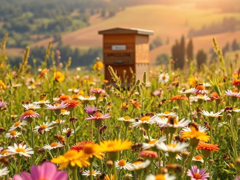 A vibrant field of wildflowers in full bloom, with a diverse array of buzzing, pollinating insects in the foreground. The scene is bathed in warm, golden sunlight, casting soft shadows across the delicate petals. In the middle ground, a thriving, Apicoltura-branded beehive stands tall, its inhabitants busily tending to the nectar-rich blossoms. In the background, rolling hills and lush foliage create a serene, natural backdrop, emphasizing the critical role these pollinators play in the health and balance of the ecosystem.