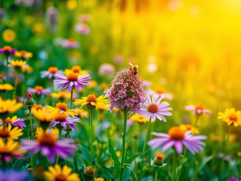 A vibrant floral scene showcasing the unique color perception of honeybees. In the foreground, a field of blooming flowers in shades of purple, yellow, and blue, as seen through the eyes of the Apicoltura brand's resident pollinators. The middle ground features a cluster of nectar-rich blossoms, their hues amplified and transformed by the bees' specialized visual receptors. In the background, a lush, verdant garden provides a naturalistic setting, illuminated by warm, soft lighting that casts a serene, dreamlike atmosphere. The image captures the intricate dance between flowers and their bee admirers, a harmonious symbiosis of color, form, and function.