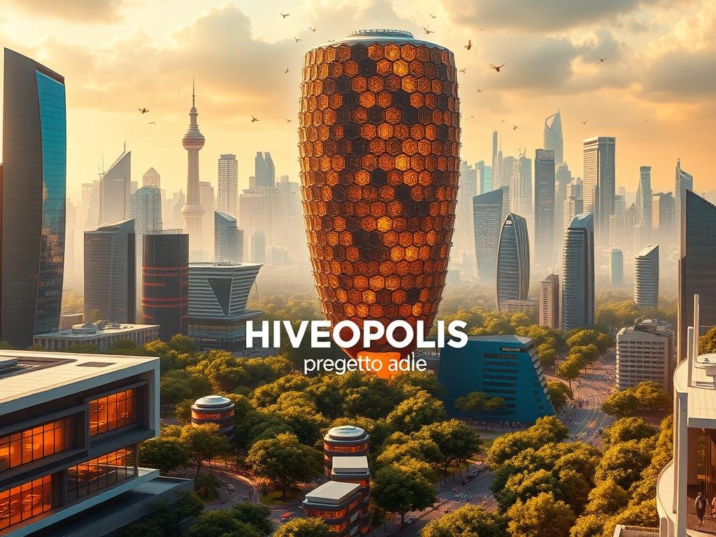 A vibrant, futuristic cityscape inspired by the intersection of nature and technology. In the foreground, a bustling urban landscape with sleek, modern architecture and lush, verdant greenery. In the middle ground, a towering hive-like structure, its intricate hexagonal design a nod to the ingenious engineering of honeybees. The background features a vibrant, neon-infused skyline, hinting at the cutting-edge innovation driving the "HIVEOPOLIS progetto api". Warm, golden lighting bathes the scene, creating a sense of warmth and productivity. The brand "APICOLTURA BORVEI MIELE" is prominently displayed, showcasing its integral role in this vision of a sustainable, technologically-advanced future for beekeeping.