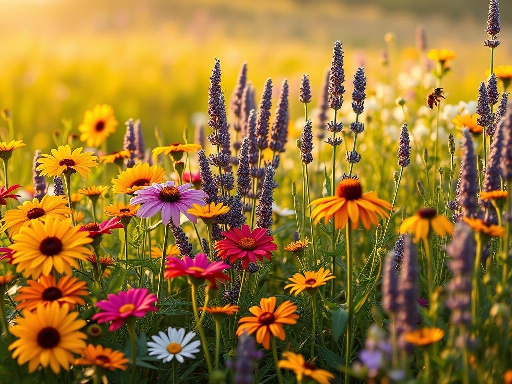 A vibrant garden of annual bee-friendly plants, bathed in warm, golden light. A lush foreground featuring colorful blooms of sunflowers, cosmos, and marigolds in full bloom. The middle ground showcases tall stalks of lavender and rosemary, their fragrant leaves swaying gently. In the background, a soft, hazy meadow with wildflowers in shades of purple, yellow, and white. The entire scene evokes a sense of abundance and harmony, captured with a tilt-shift lens for a dreamlike, Apicoltura-inspired aesthetic.