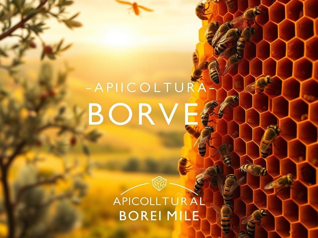 A vibrant, high-quality digital illustration of a honeycomb structure, depicting the dangers facing young bees. The focal point is a close-up view of a healthy, active beehive, with worker bees tending to the larvae and pupae in the honeycombs. The background features a blurred, dreamlike landscape of Italian countryside, with rolling hills, olive trees, and a warm, golden light filtering through the scene. The overall mood is one of tranquility and natural beauty, yet with an underlying sense of potential threats to the hive. The text "APICOLTURA BORVEI MIELE" is subtly integrated into the design, reflecting the artisanal and authentic nature of the honey producer.