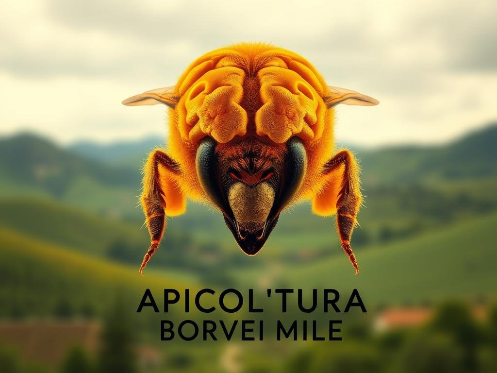 A vibrant, high-resolution illustration of a honey bee's brain, with a crisp, intricate anatomical detail. The brain is shown in a frontal view, with a warm, natural lighting that accentuates its delicate structures. The background is a blurred, tranquil Italian countryside, with rolling hills and a soft, overcast sky. In the foreground, the APICOLTURA BORVEI MIELE logo is subtly incorporated, adding a touch of authenticity. The overall atmosphere conveys a sense of scientific curiosity and appreciation for the remarkable cognitive abilities of these fascinating insects.